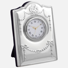 Load image into Gallery viewer, Mini Sterling Silver Clock Regency Design With Grey Velvet Back
